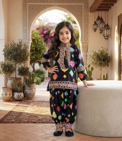 Stunning Multicolor Geometric Print Kurta & Shalwar Set for Girls - Festive & Casual Wear