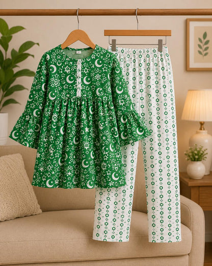 Pakistan Independence Collection – Premium Girls Green Printed Kurta Trouser Set | Soft Cotton | 2-Piece Eastern Wear