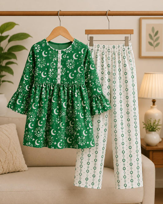 Pakistan Independence Collection – Premium Girls Green Printed Kurta Trouser Set | Soft Cotton | 2-Piece Eastern Wear