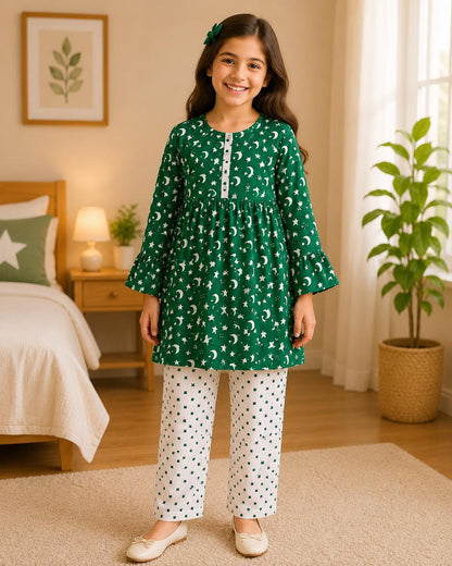Pakistan Independence Collection – Premium Girls Green Printed Kurta Trouser Set | Soft Cotton | 2-Piece Eastern Wear