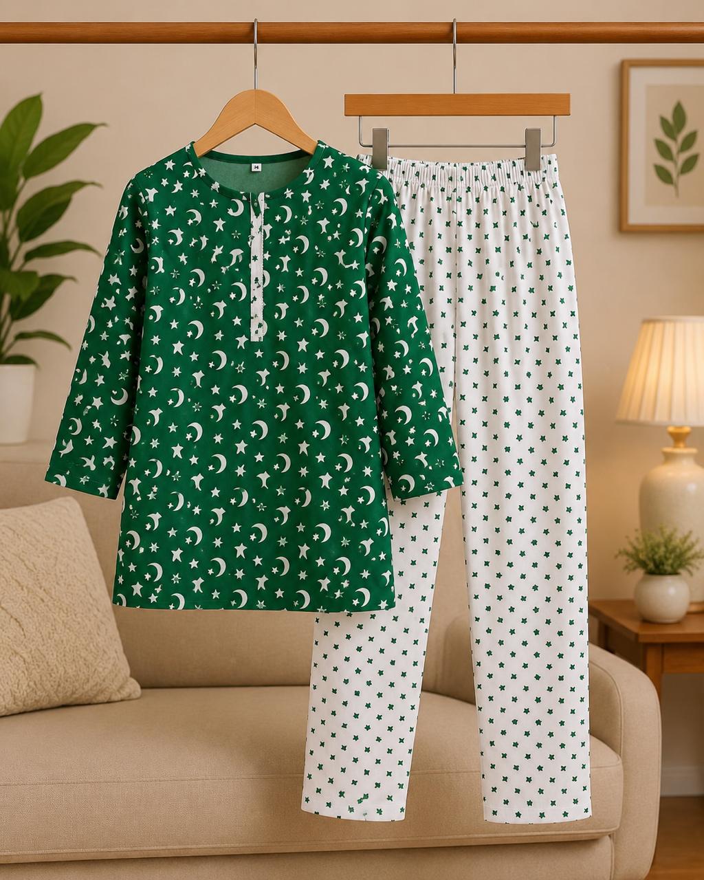 Pakistan Independence Collection – Premium Girls Green Printed Kurta Trouser Set | Soft Cotton | 2-Piece Eastern Wear