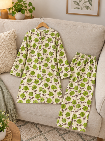 Girls’ Printed Khaddar 2-Piece Suit with Long Back Tail | Stylish Floral Shirt & Trouser Set