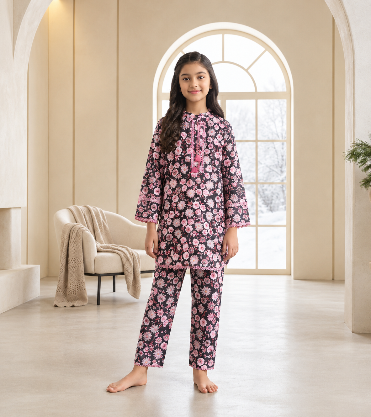 Girls’ 2-Piece Floral Printed Suit in Imported Cotari Fabric | Stylish Shirt & Trouser Set