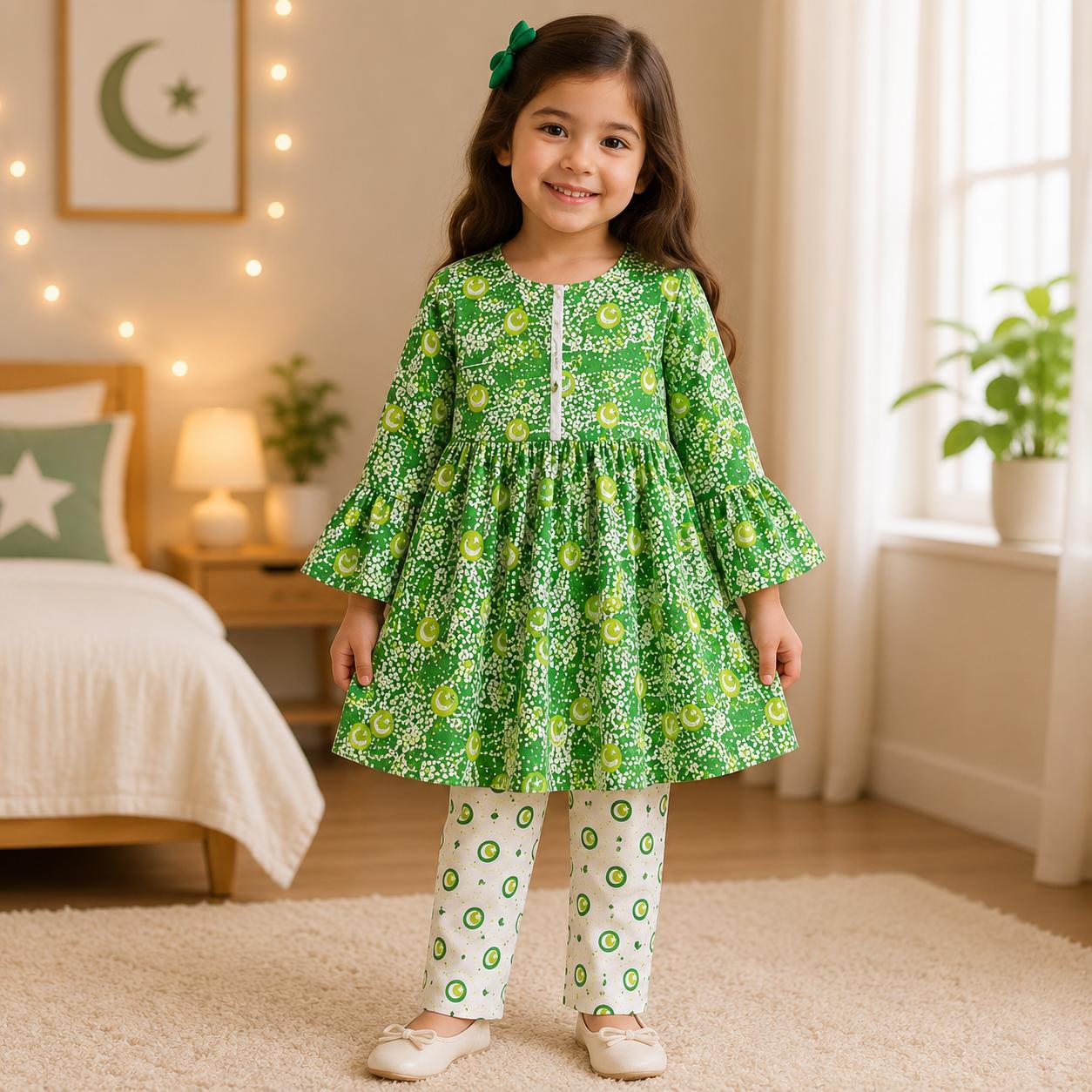 Pakistan Independence Collection – Premium Girls Green Printed Kurta Trouser Set | Soft Cotton | 2-Piece Eastern Wear