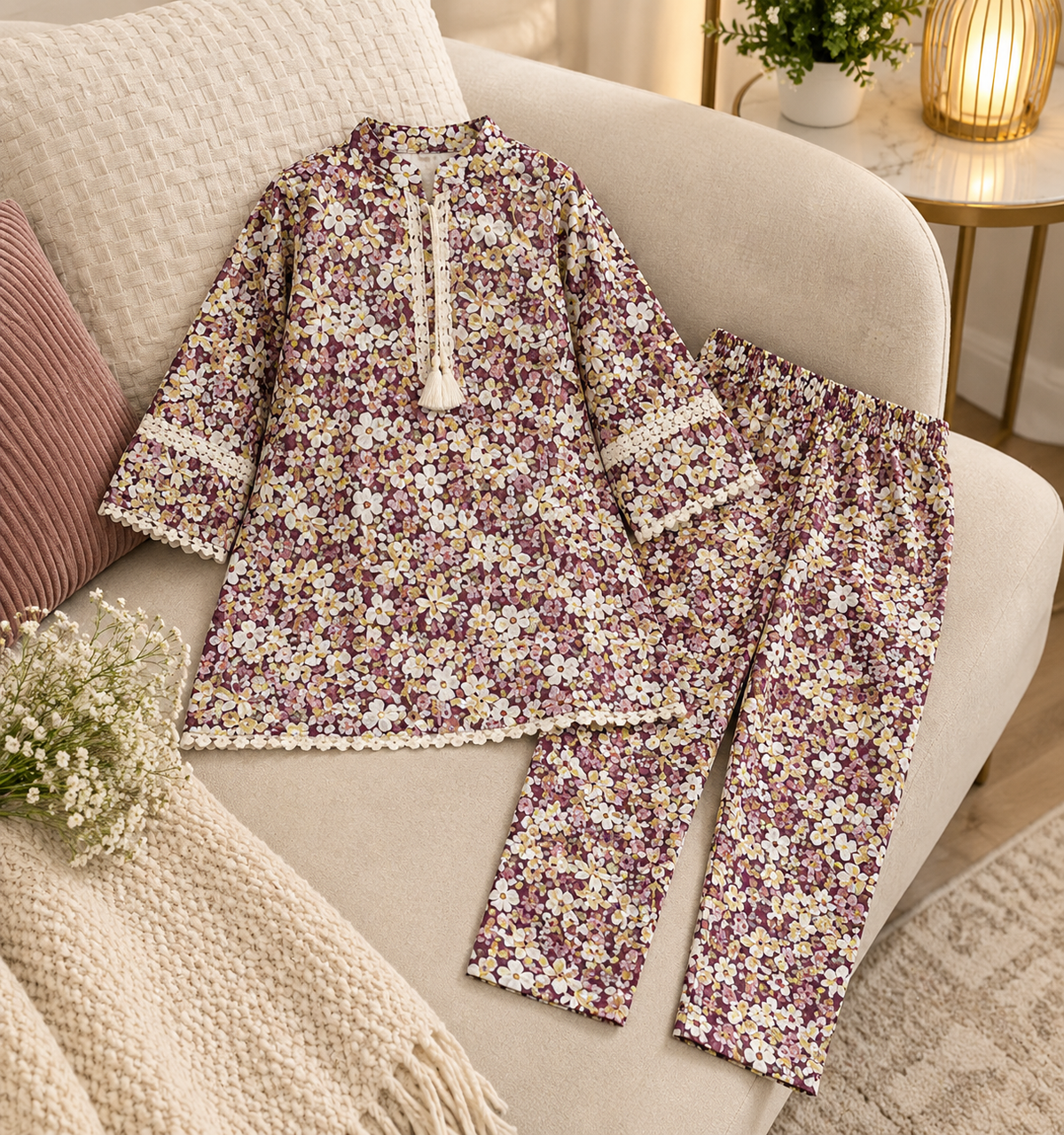 Girls’ 2-Piece Floral Printed Suit in Imported Cotari Fabric | Stylish Shirt & Trouser Set