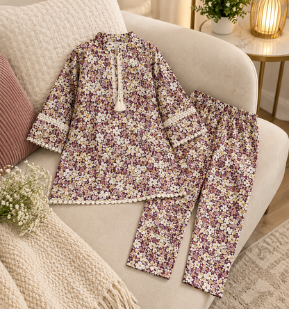 Girls’ 2-Piece Floral Printed Suit in Imported Cotari Fabric | Stylish Shirt & Trouser Set