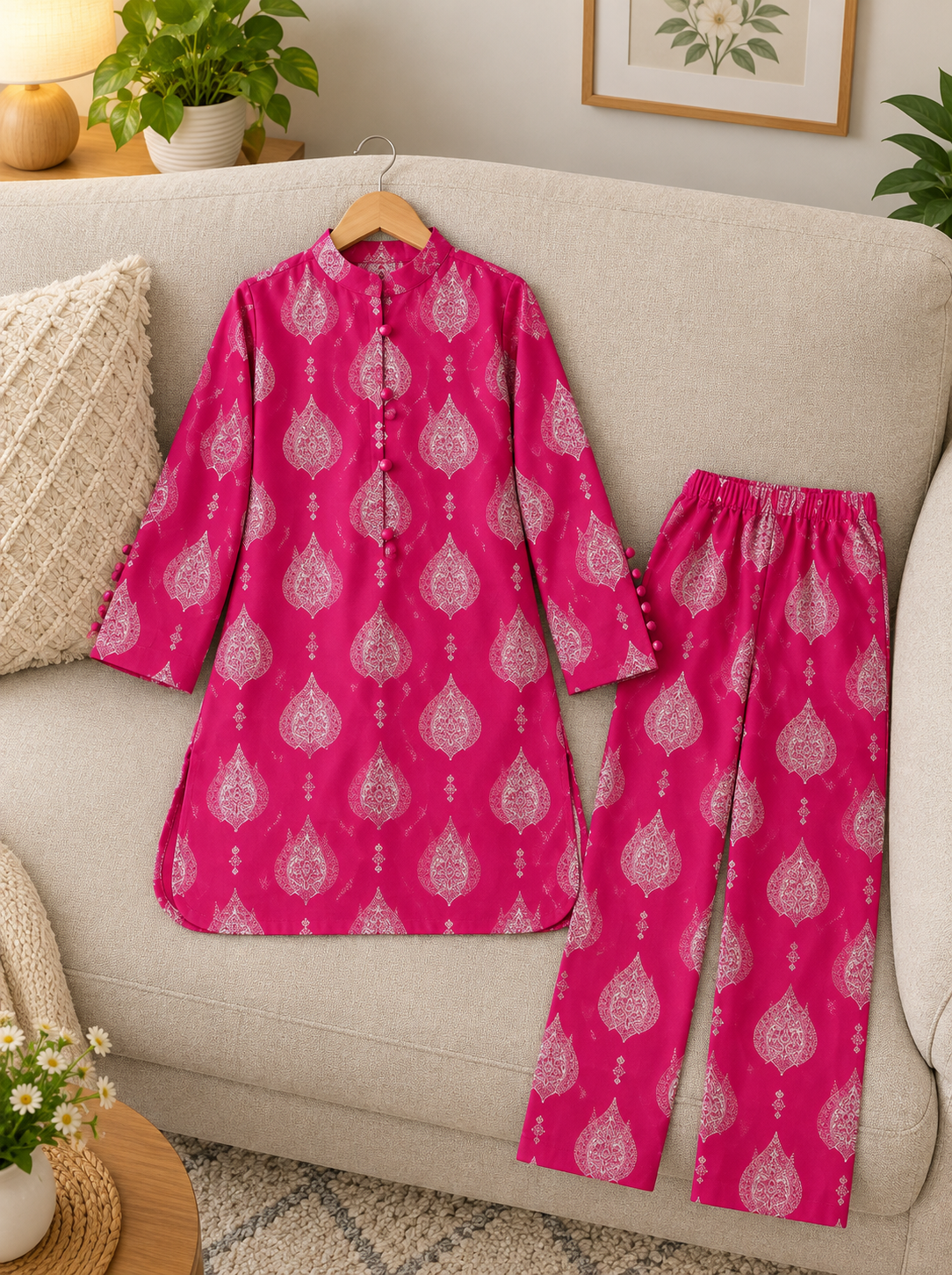 Girls’ Printed Khaddar 2-Piece Suit with Long Back Tail | Stylish Floral Shirt & Trouser Set