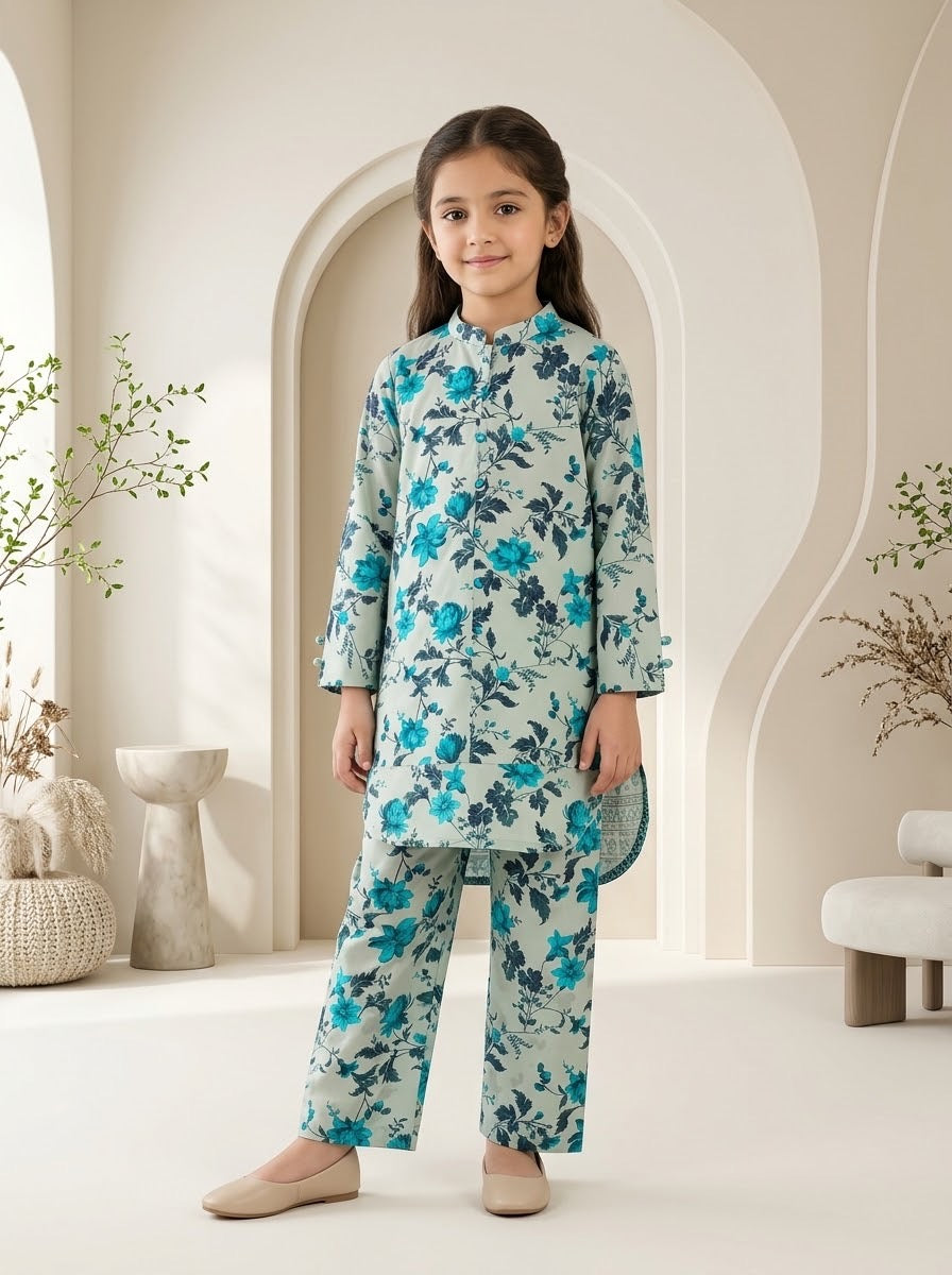 Girls’ Printed Khaddar 2-Piece Suit with Long Back Tail | Stylish Floral Shirt & Trouser Set