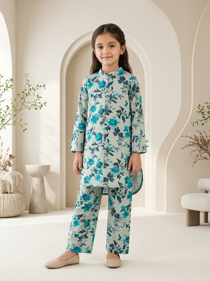 Girls’ Printed Khaddar 2-Piece Suit with Long Back Tail | Stylish Floral Shirt & Trouser Set