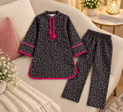 Girls’ 2-Piece Floral Printed Suit in Imported Cotari Fabric | Stylish Shirt & Trouser Set
