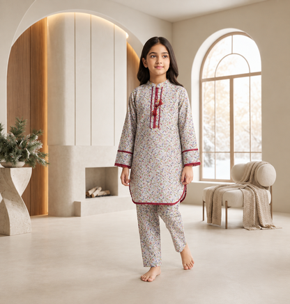 Girls’ 2-Piece Floral Printed Suit in Imported Cotari Fabric | Stylish Shirt & Trouser Set