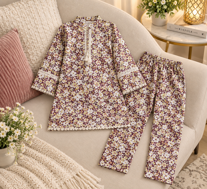 Girls’ 2-Piece Floral Printed Suit in Imported Cotari Fabric | Stylish Shirt & Trouser Set