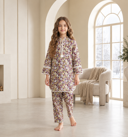 Girls’ 2-Piece Floral Printed Suit in Imported Cotari Fabric | Stylish Shirt & Trouser Set