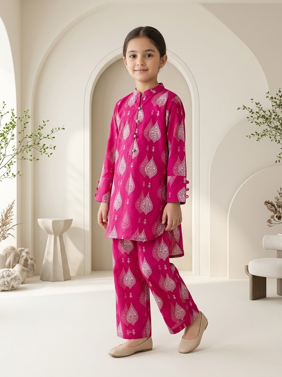 Girls’ Printed Khaddar 2-Piece Suit with Long Back Tail | Stylish Floral Shirt & Trouser Set