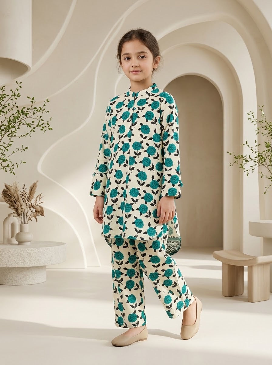 Girls’ Printed Khaddar 2-Piece Suit with Long Back Tail | Stylish Floral Shirt & Trouser Set