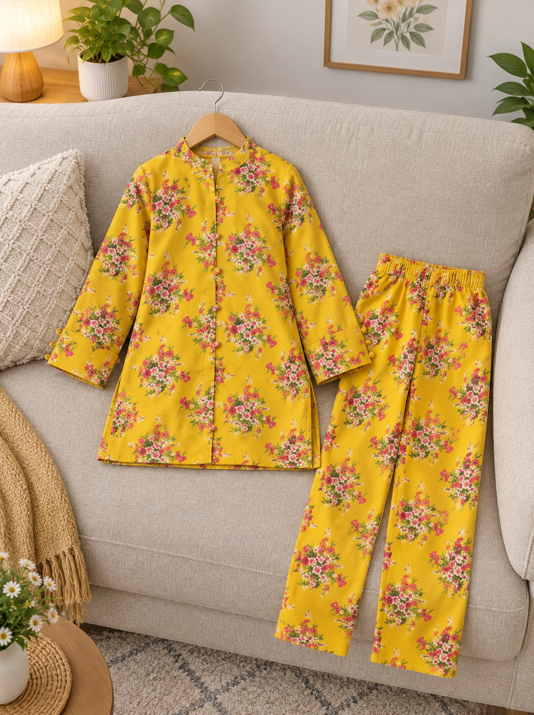 Girls’ Printed Khaddar 2-Piece Suit with Long Back Tail | Stylish Floral Shirt & Trouser Set
