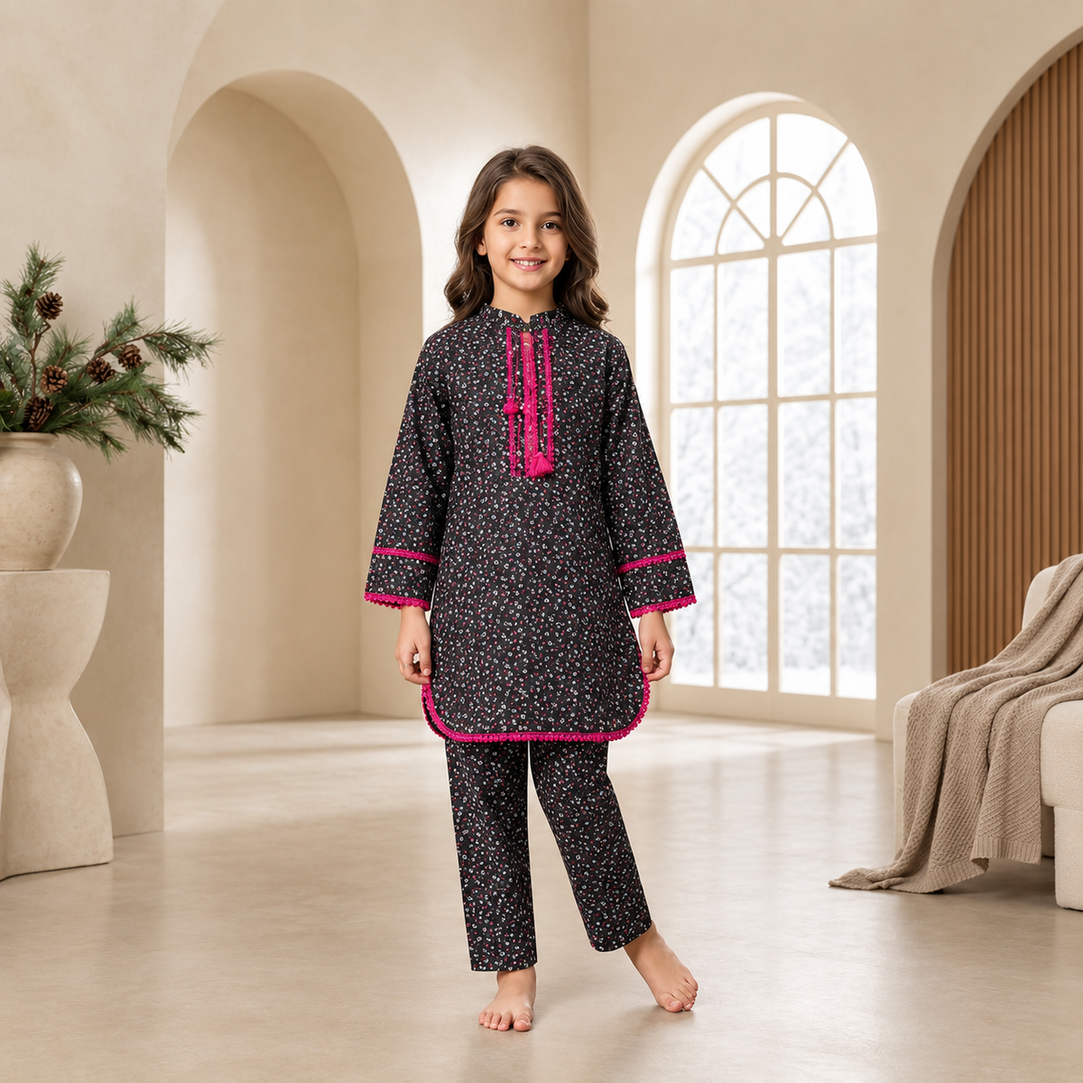 Girls’ 2-Piece Floral Printed Suit in Imported Cotari Fabric | Stylish Shirt & Trouser Set