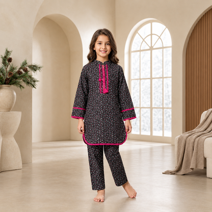 Girls’ 2-Piece Floral Printed Suit in Imported Cotari Fabric | Stylish Shirt & Trouser Set