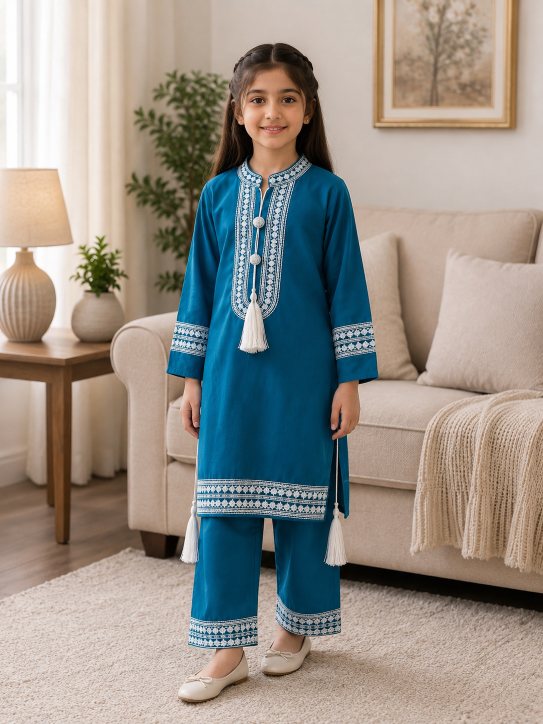 Girls Traditional Embroidered 2-Piece Suit – Multiple Colors
