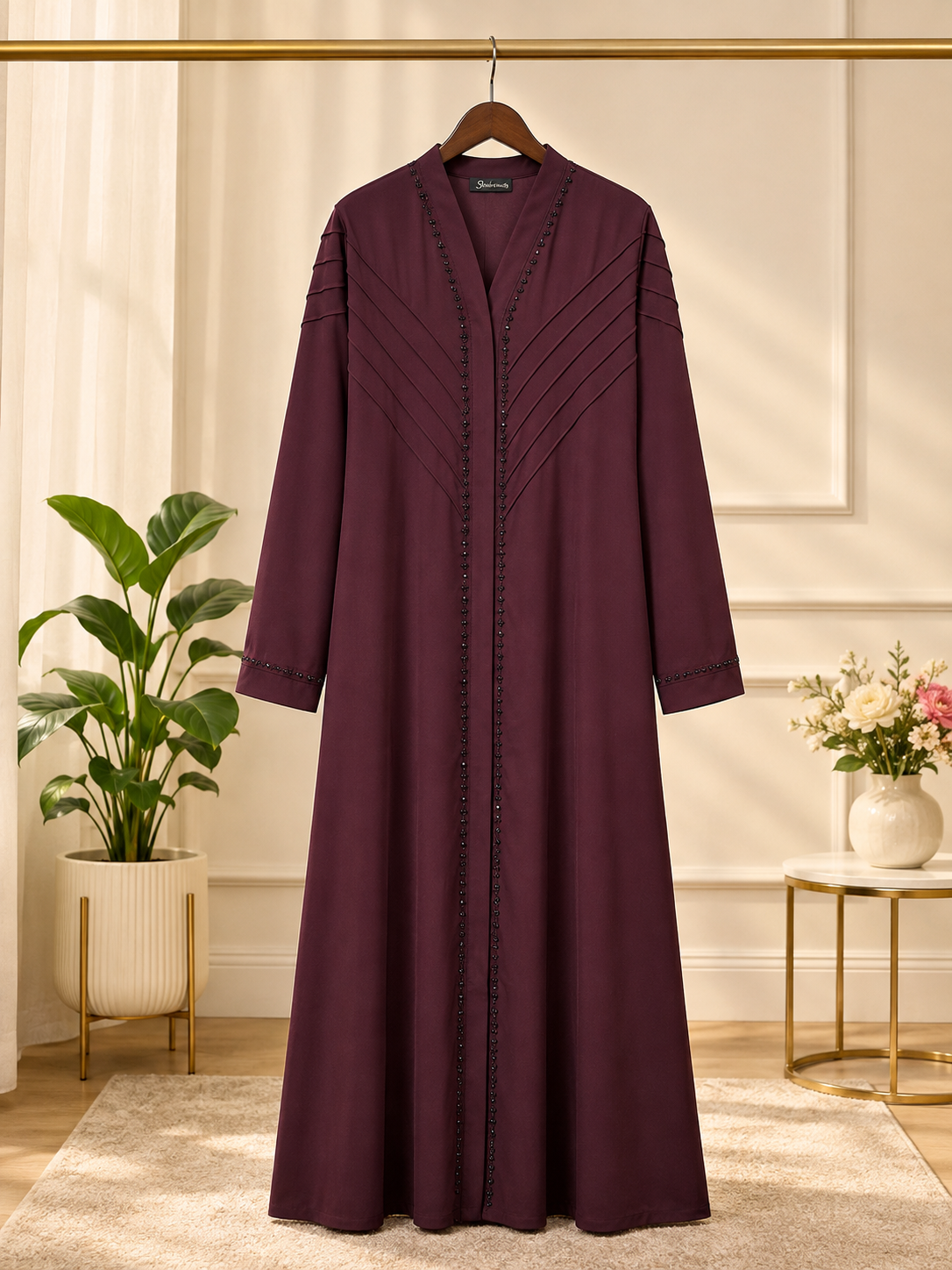 Zeinat Al Sham Pin-Tuck Detail Open-Front Abaya with Matching Scarf
