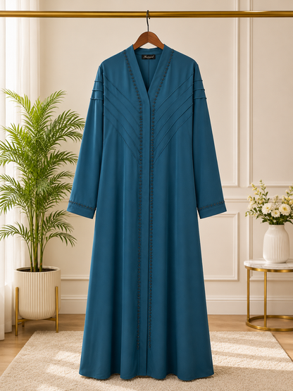 Zeinat Al Sham Pin-Tuck Detail Open-Front Abaya with Matching Scarf