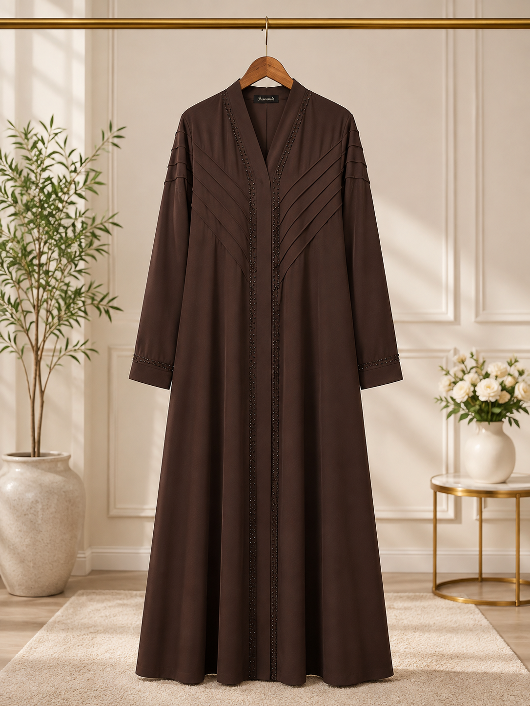 Zeinat Al Sham Pin-Tuck Detail Open-Front Abaya with Matching Scarf