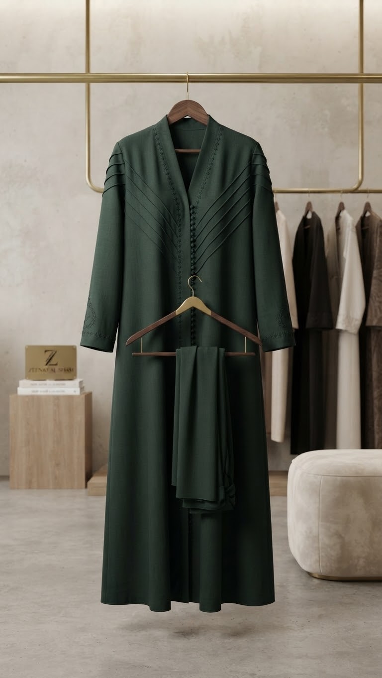 Zeinat Al Sham Pin-Tuck Detail Open-Front Abaya with Matching Scarf