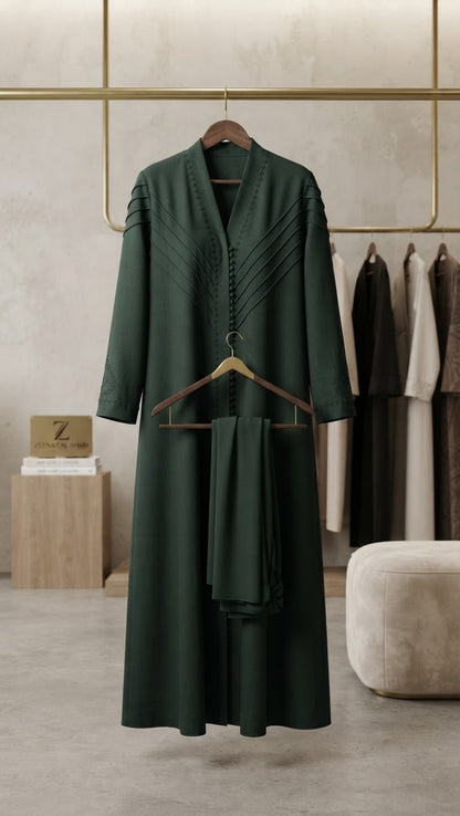 Zeinat Al Sham Pin-Tuck Detail Open-Front Abaya with Matching Scarf