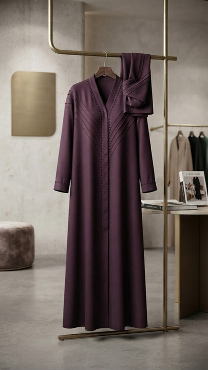 Zeinat Al Sham Pin-Tuck Detail Open-Front Abaya with Matching Scarf