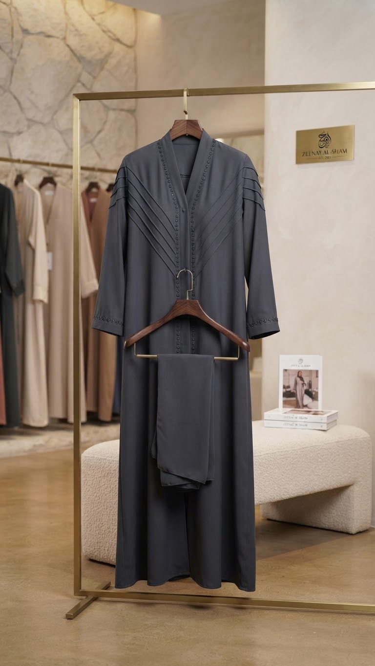 Zeinat Al Sham Pin-Tuck Detail Open-Front Abaya with Matching Scarf