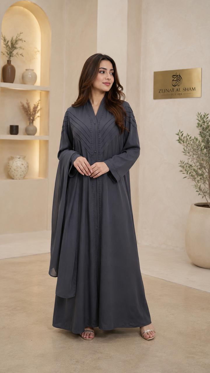 Zeinat Al Sham Pin-Tuck Detail Open-Front Abaya with Matching Scarf
