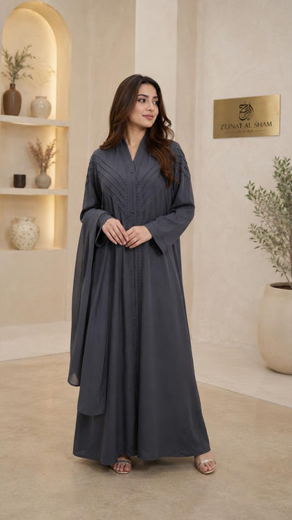 Zeinat Al Sham Pin-Tuck Detail Open-Front Abaya with Matching Scarf