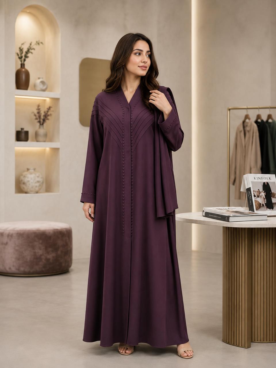 Zeinat Al Sham Pin-Tuck Detail Open-Front Abaya with Matching Scarf