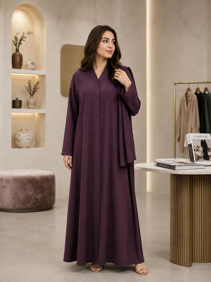 Zeinat Al Sham Pin-Tuck Detail Open-Front Abaya with Matching Scarf