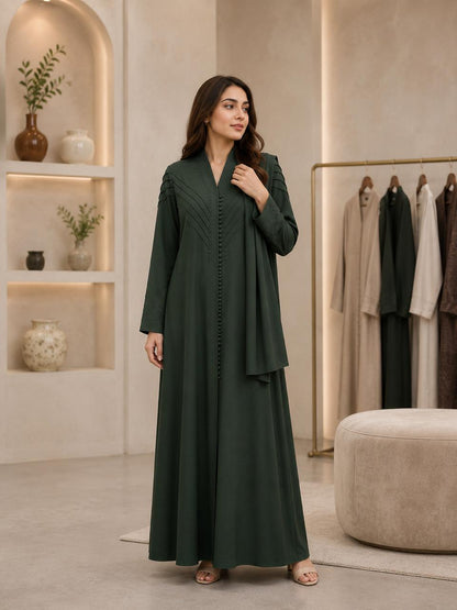 Zeinat Al Sham Pin-Tuck Detail Open-Front Abaya with Matching Scarf