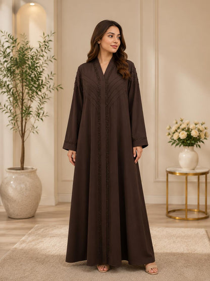 Zeinat Al Sham Pin-Tuck Detail Open-Front Abaya with Matching Scarf