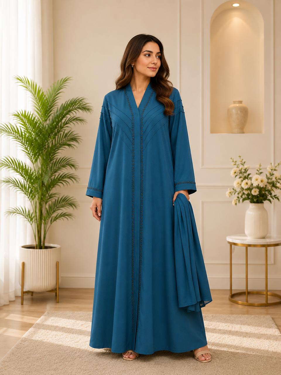 Zeinat Al Sham Pin-Tuck Detail Open-Front Abaya with Matching Scarf