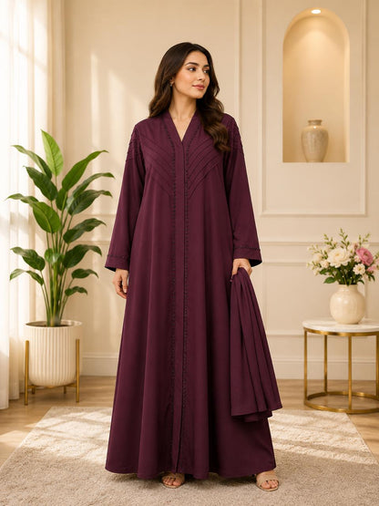Zeinat Al Sham Pin-Tuck Detail Open-Front Abaya with Matching Scarf