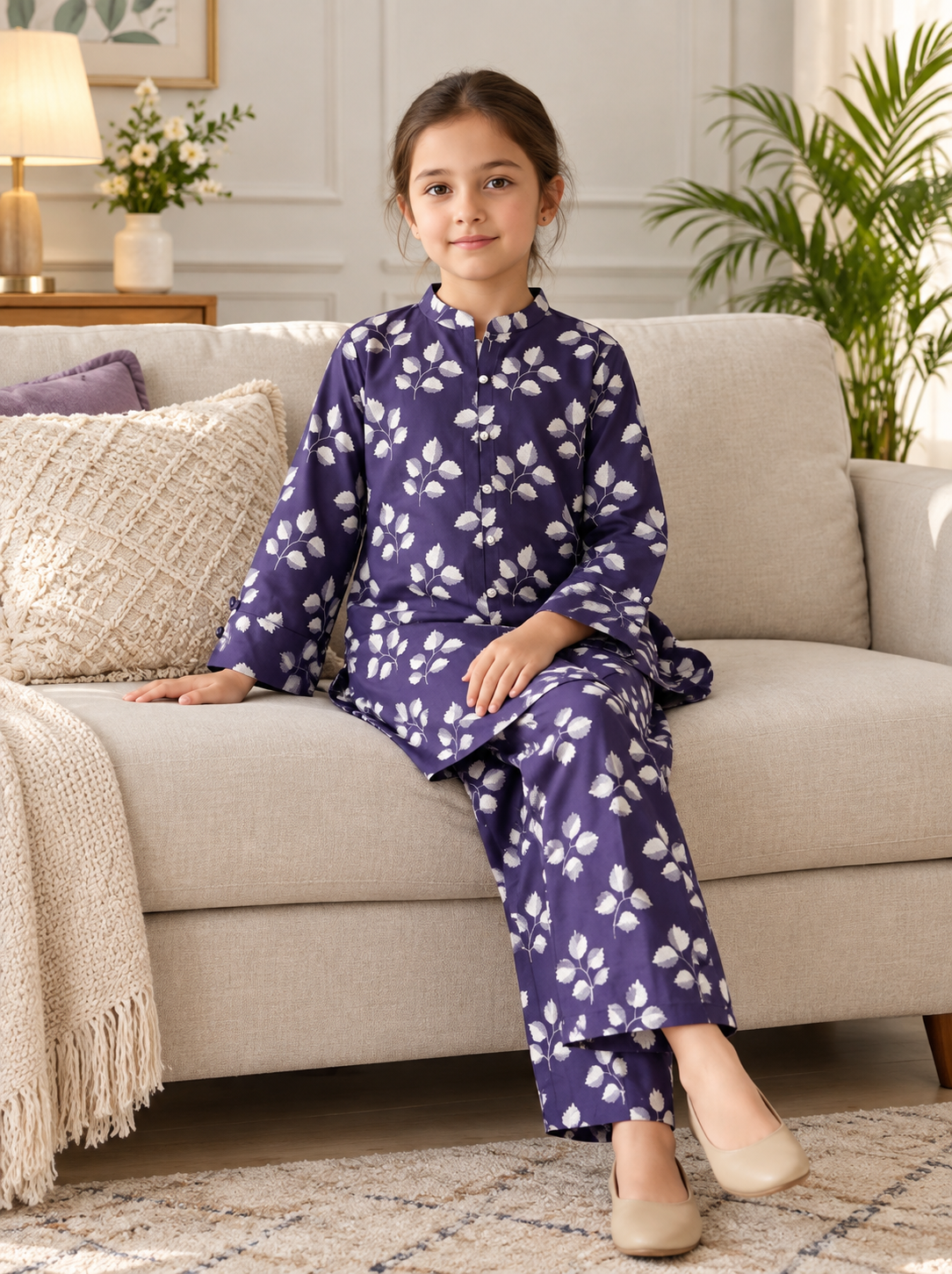 Girls’ Printed Khaddar 2-Piece Suit with Long Back Tail | Stylish Floral Shirt & Trouser Set
