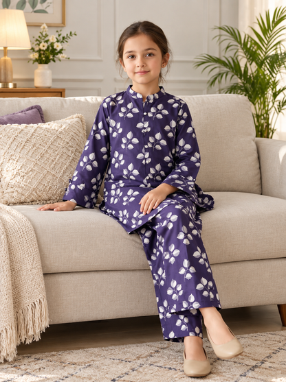 Girls’ Printed Khaddar 2-Piece Suit with Long Back Tail | Stylish Floral Shirt & Trouser Set