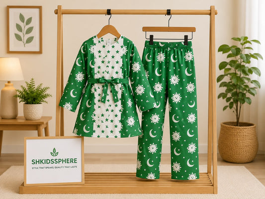 SH Kids Sphere Independence Day Special Green Crescent & Star Kids Dress