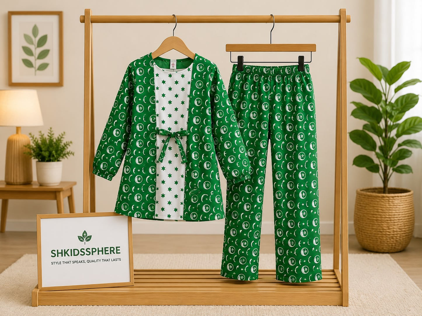 SH Kids Sphere Green Sun & Star Print Kids Casual Outfit (Design 2)