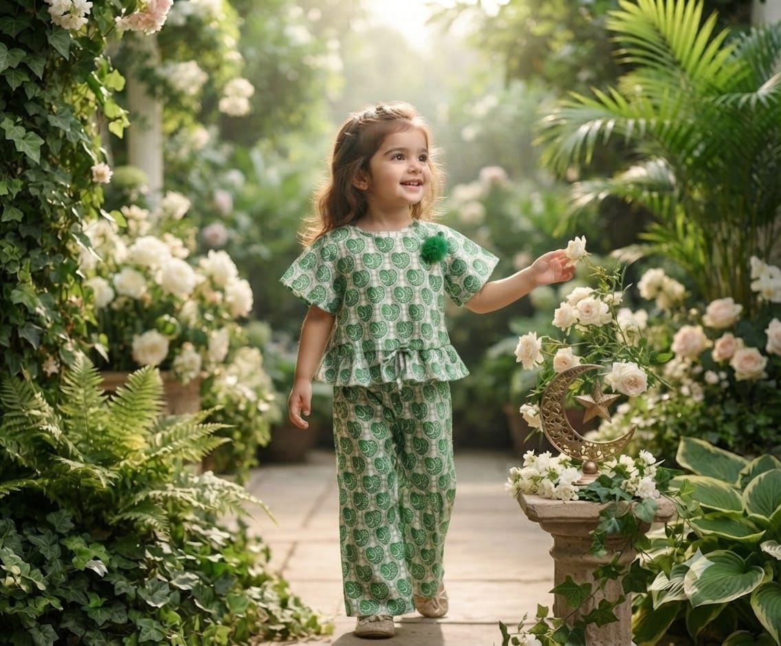 SH Kids Sphere 14th August Green Heart & Crescent Print Kids Outfit - SH Kids Sphere