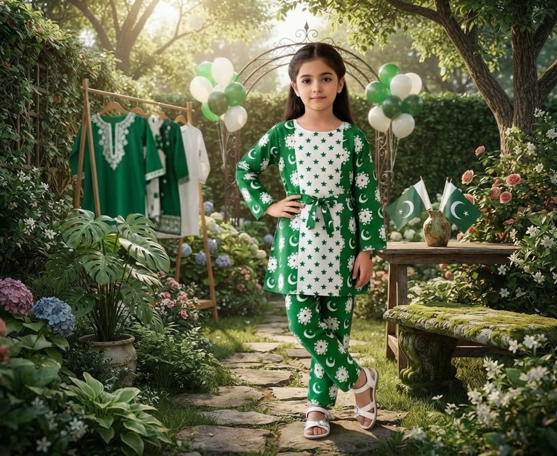 SH Kids Sphere Independence Day Special Green Crescent & Star Kids Dress