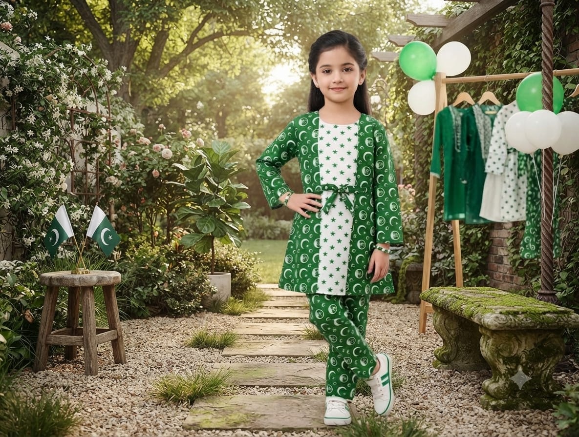 SH Kids Sphere Green Sun & Star Print Kids Casual Outfit (Design 2)