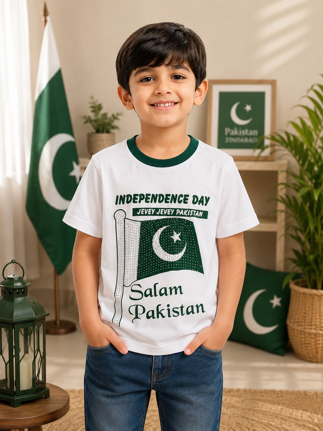 Pakistan Independence Day Graphic T-Shirt for Kids | Premium White Cotton Tee | 14 August Collection