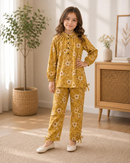 Girls Premium Lavender Floral Printed 2-Piece Co-Ord Set | Soft Cotton Kids Outfit