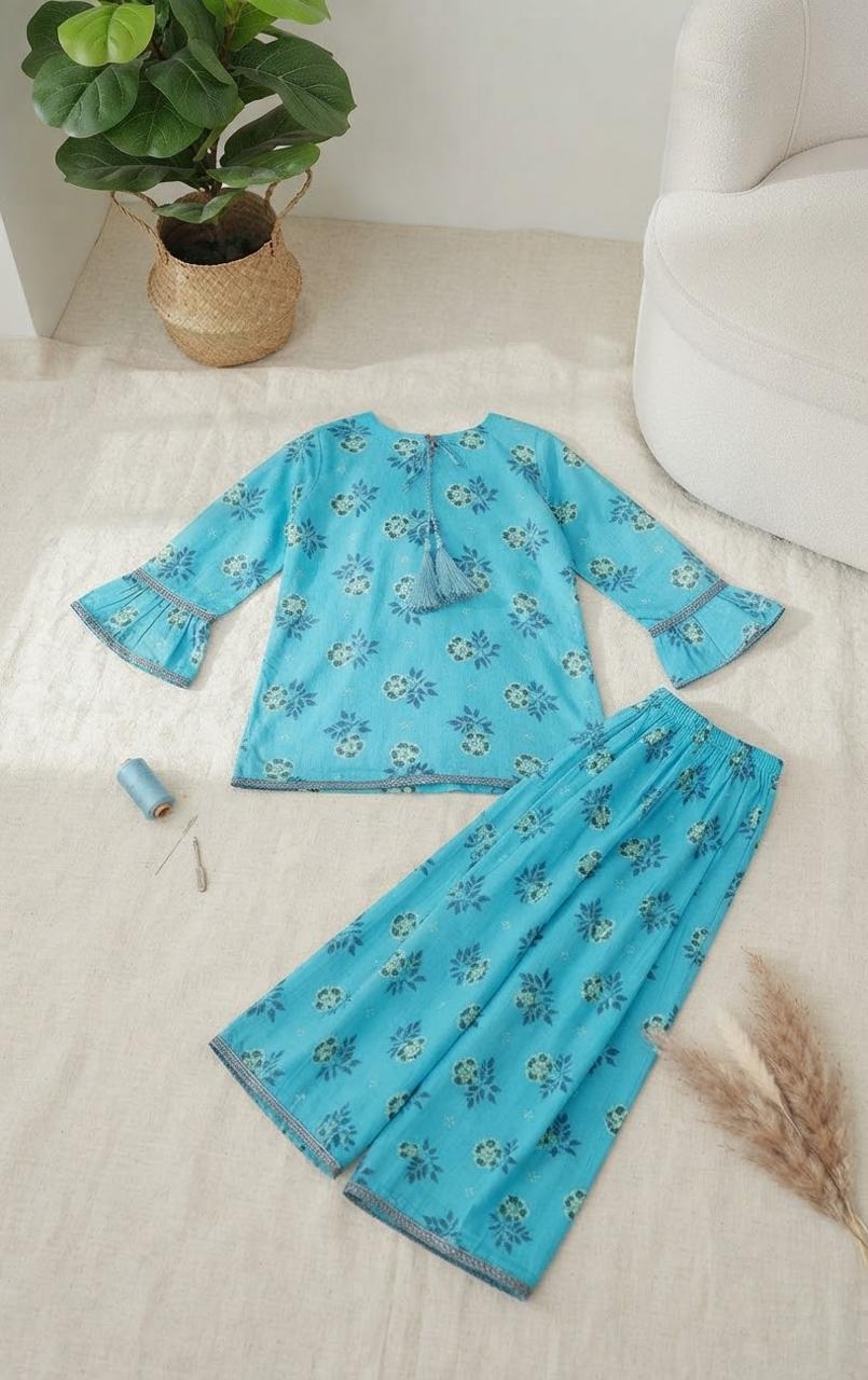 Girls Sky Blue Khaddar Dress with Tassels and Printed Trouser | SH Kids Sphere