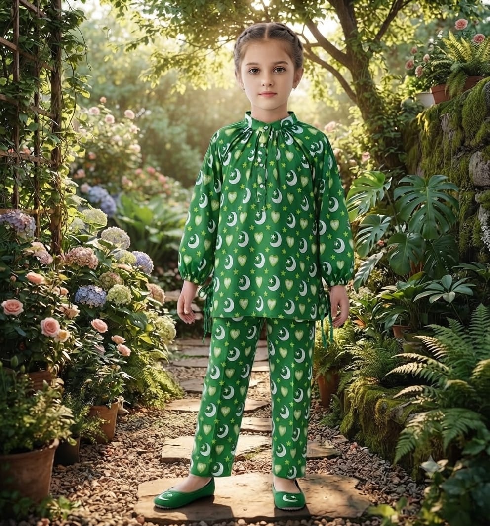 SH Kids Sphere 14th August Green Flutter-Sleeve Festive Kids Outfit - SH Kids Sphere