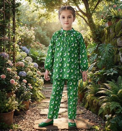 SH Kids Sphere 14th August Green Flutter-Sleeve Festive Kids Outfit - SH Kids Sphere